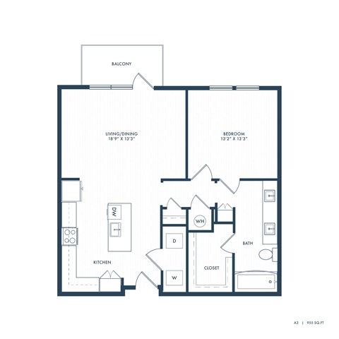 Floor plan for 1 bed, 1 bath, 955 sqft